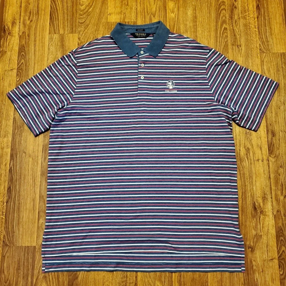 Polo‎ Ralph Lauren Golf Shirt Men 2XL Blue Striped Performance Stretch The Farm